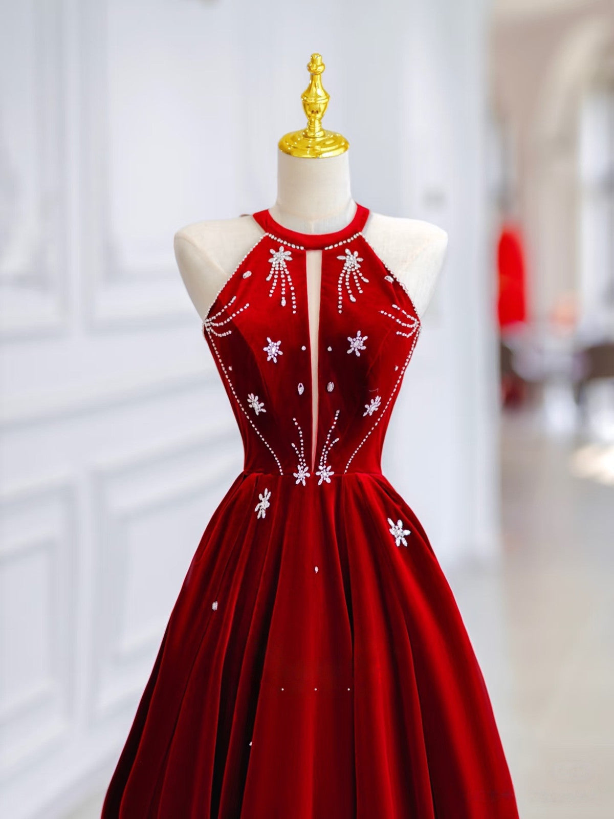 Wine Red Velvet Beaded Halter A-line Party Dress, Wine Red Velvet Long Formal Dress