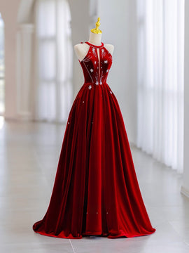 Wine Red Velvet Beaded Halter A-line Party Dress, Wine Red Velvet Long Formal Dress