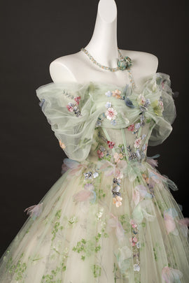 Green Floral Tulle Sweetheart A-line Long Prom Dress, Green Tulle Off Shoulder Party Dress