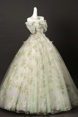 Green Floral Tulle Sweetheart A-line Long Prom Dress, Green Tulle Off Shoulder Party Dress