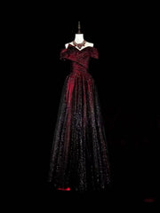 A-line Black and Red Off Shoulder Tulle Formal Dress, Tulle and Satin Long Party Dress
