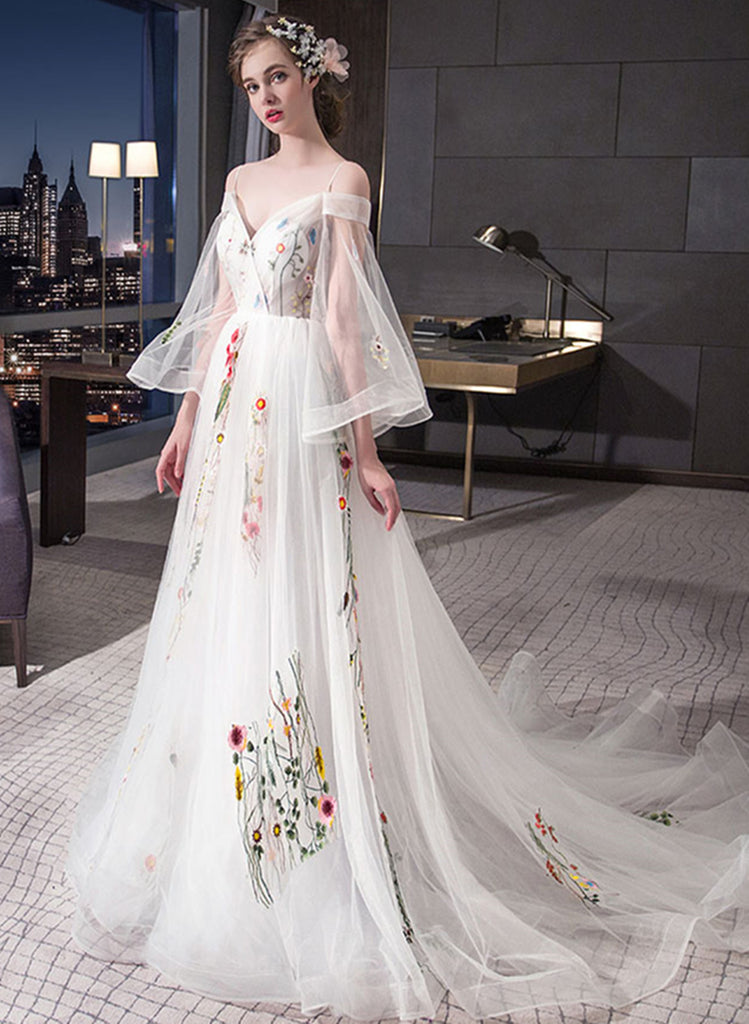A-Line Pleated Tulle Floor-Length Dress Ivory