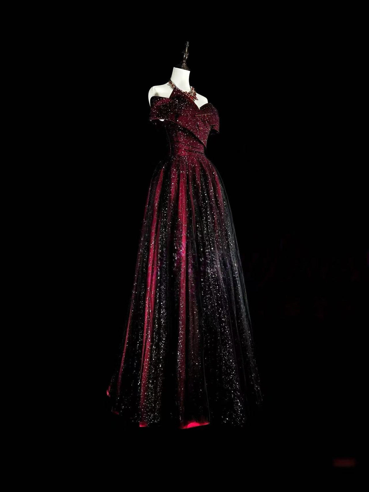 A-line Black and Red Off Shoulder Tulle Formal Dress, Tulle and Satin Long Party Dress