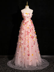 Pink Tulle with Flowers Sweetheart Straps Long Evening Dress, Pink Tulle Prom Dress