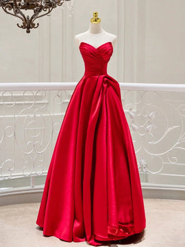 Red Satin Strapless V-neckline Long Evening Dress, Red Satin Prom Dress