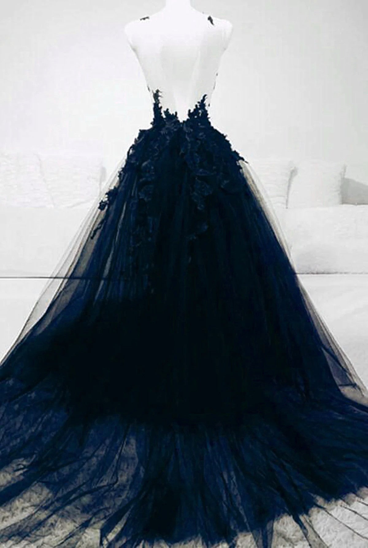 A-line Navy Blue Tulle with Lace Long Evening Dress, Navy Blue Prom Dr – Cutedressy A-line Navy Blue Tulle with Lace Long Evening Dress, Navy Blue Prom Dr – Cutedressy