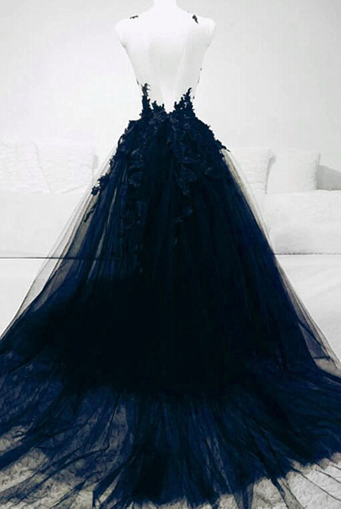 Elegant A line Straps Tulle Navy Blue Prom Dresses Formal Evening Dress Y6776 main image 1