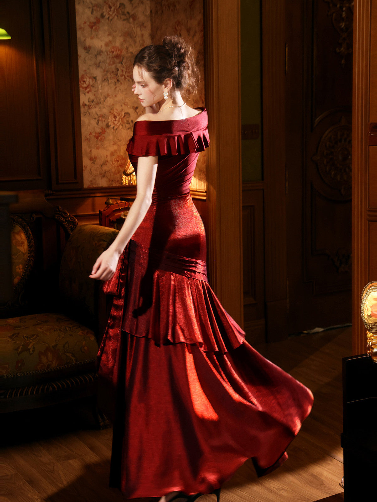 Wine Red Satin Layers Off Shoulder Long Prom Dress, Wine Red Sweetheart Evening Dress