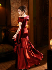 Wine Red Satin Layers Off Shoulder Long Prom Dress, Wine Red Sweetheart Evening Dress