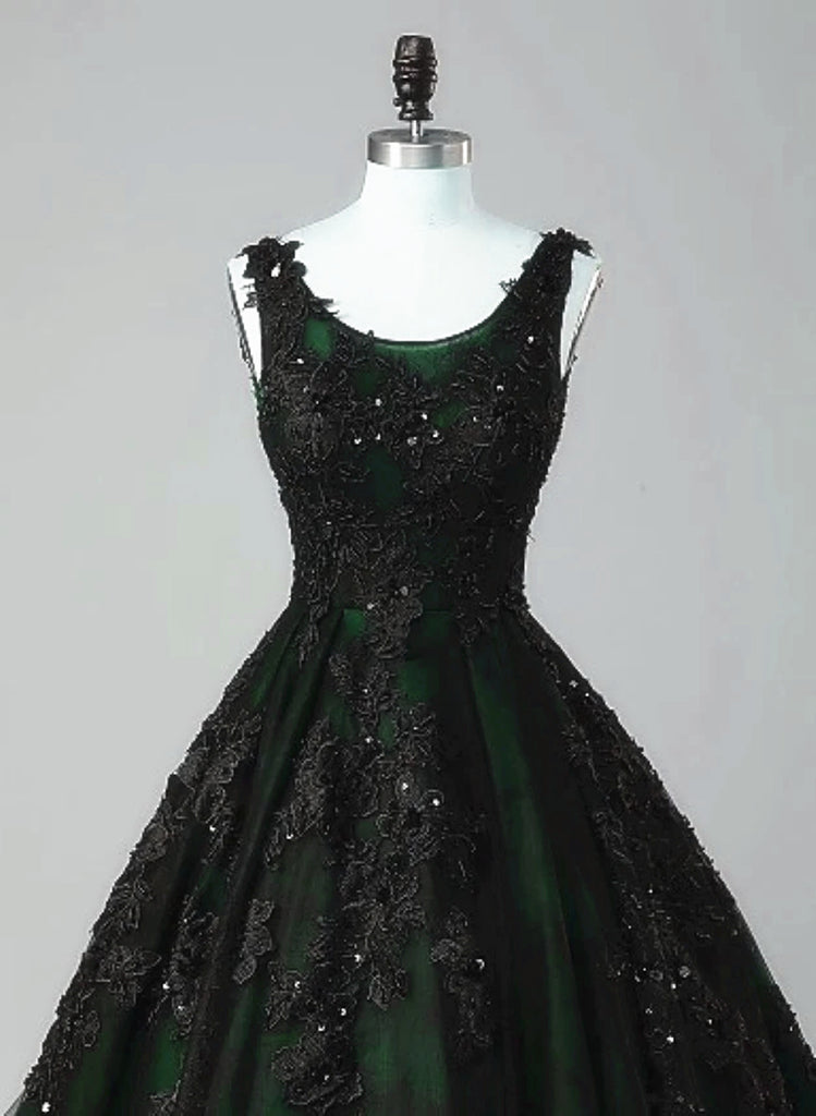 Black and Green Tulle with Lace Long Party Dress, A-line Low Back Even