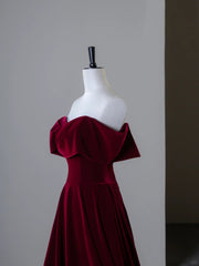 Wine Red Velvet Off Shoulder A-line Prom Dress, Wine Red Velvet Simple Party Dress