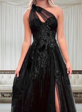 Black One Shoulder Tulle with Lace Long Prom Dress with Leg Slit, Black Party Dress