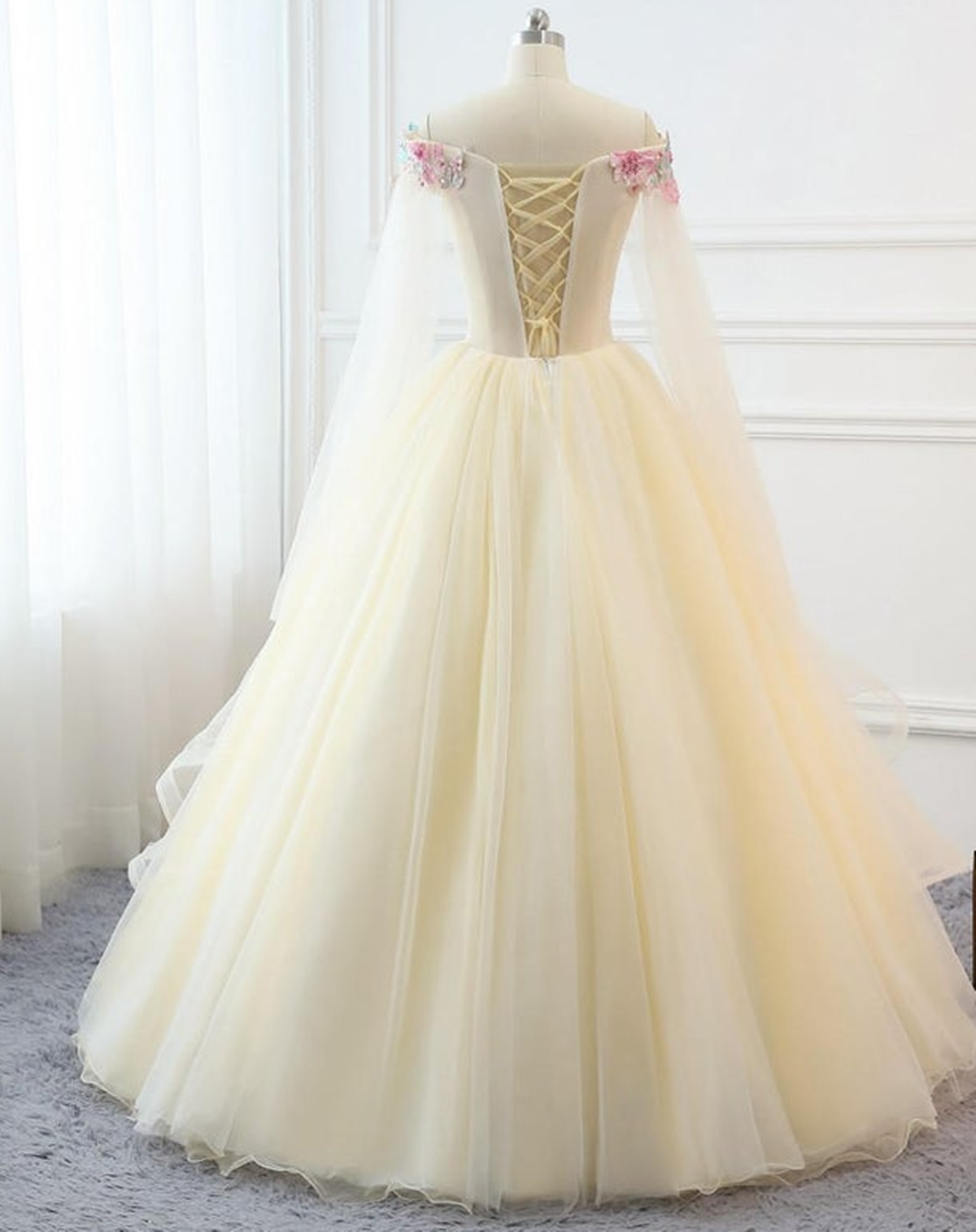 Light Champagne Off Shoulder Tulle with Flowers Formal Gown, Long Sweet 16 Dress