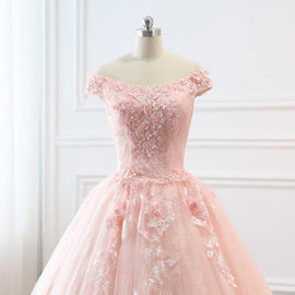 Pink Sweetheart Off Shoulder with Lace Long Sweet 16 Dress, Pink Formal Dress