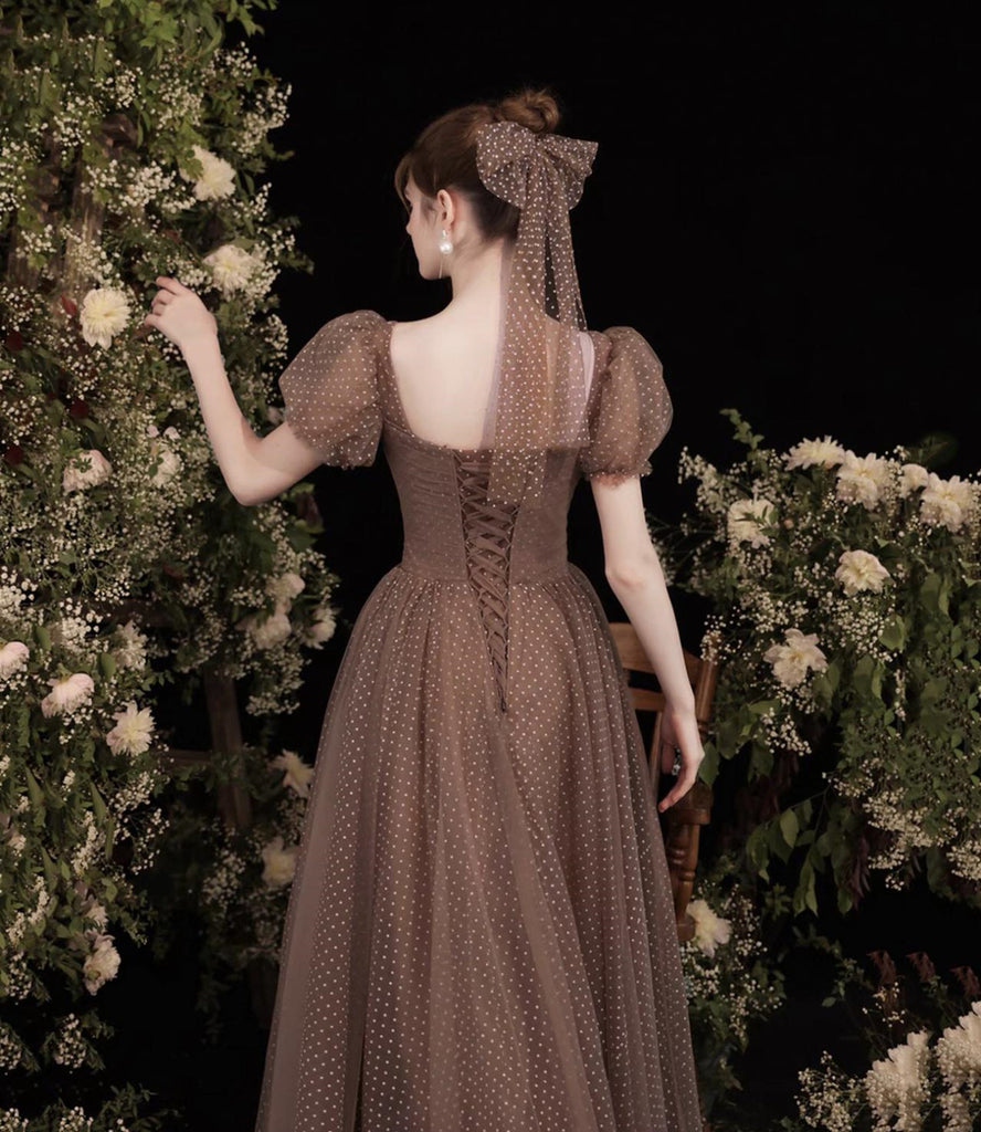 Brown Tulle Long Sleeves A-Line Formal Party Dress, DP3687 main image 1