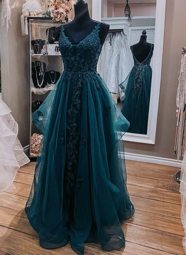 Teal Blue Tulle V-neckline Long Party Dress with Lace, Teal Blue Long