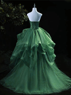 Green High Low Tulle Ruffles Tiered  Beaded Party Dress, High Low Green Prom Dress