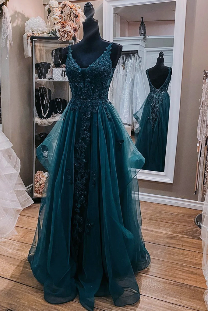 Teal Blue Tulle V-neckline Long Party Dress with Lace, Teal Blue Long