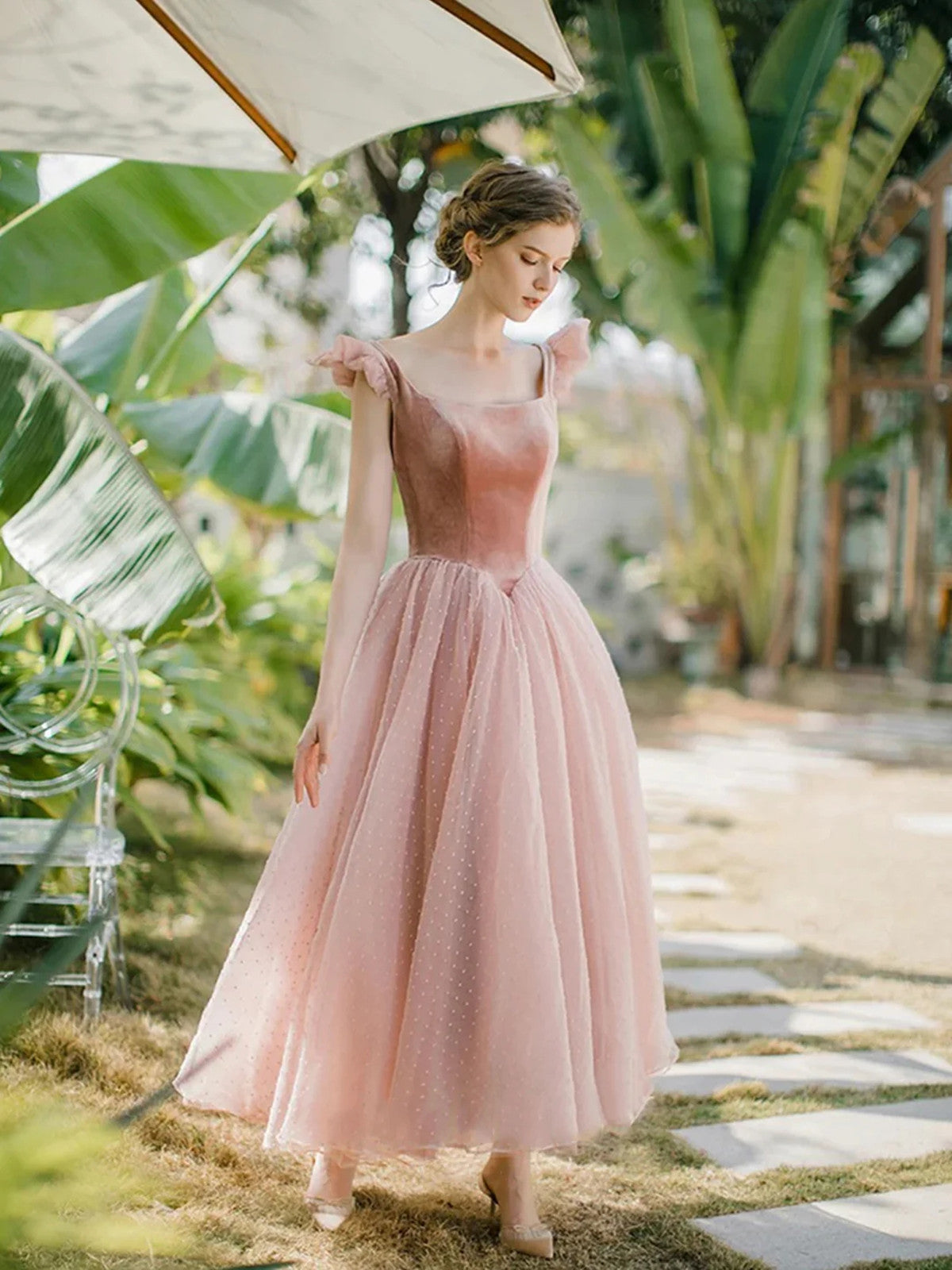 pink tea party dress for women Pink Lace Tea Length Formal Dress, Beautiful Pink Prom Dresses, Lovely
