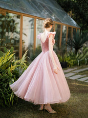 Pink Tulle and Velvet Tea Length Wedding Party Dress, Pink Formal Dress