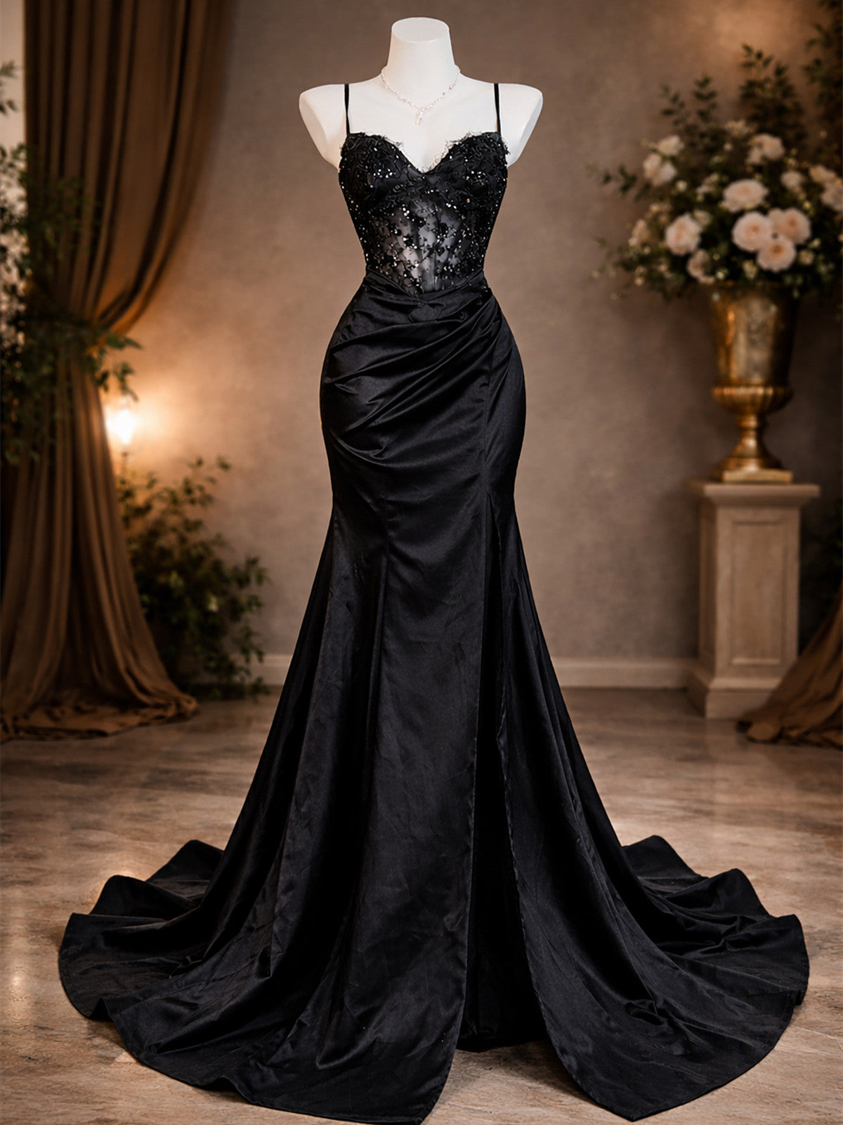 Black Sweetheart Straps Mermaid Satin Prom Dress, Black Lace Top Long Formal Dress