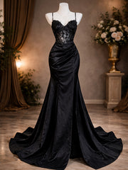 Black Sweetheart Straps Mermaid Satin Prom Dress, Black Lace Top Long Formal Dress