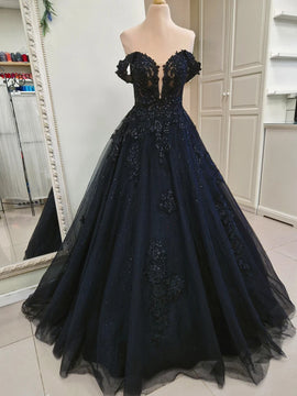 Black Sweetheart Tulle with Lace Applique Prom Dress, Black Off Shoulder Long Party Dress