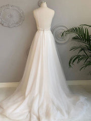 White Tulle A-line with Lace Straps Simple Wedding Dress,  Backless Long Formal Gowns