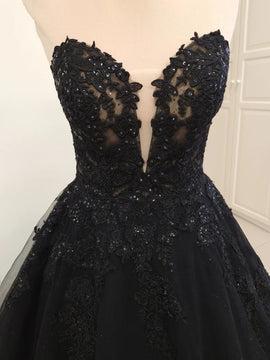 Black Sweetheart Tulle with Lace Applique Prom Dress, Black Off Shoulder Long Party Dress