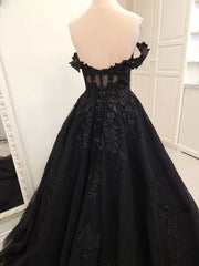 Black Sweetheart Tulle with Lace Applique Prom Dress, Black Off Shoulder Long Party Dress