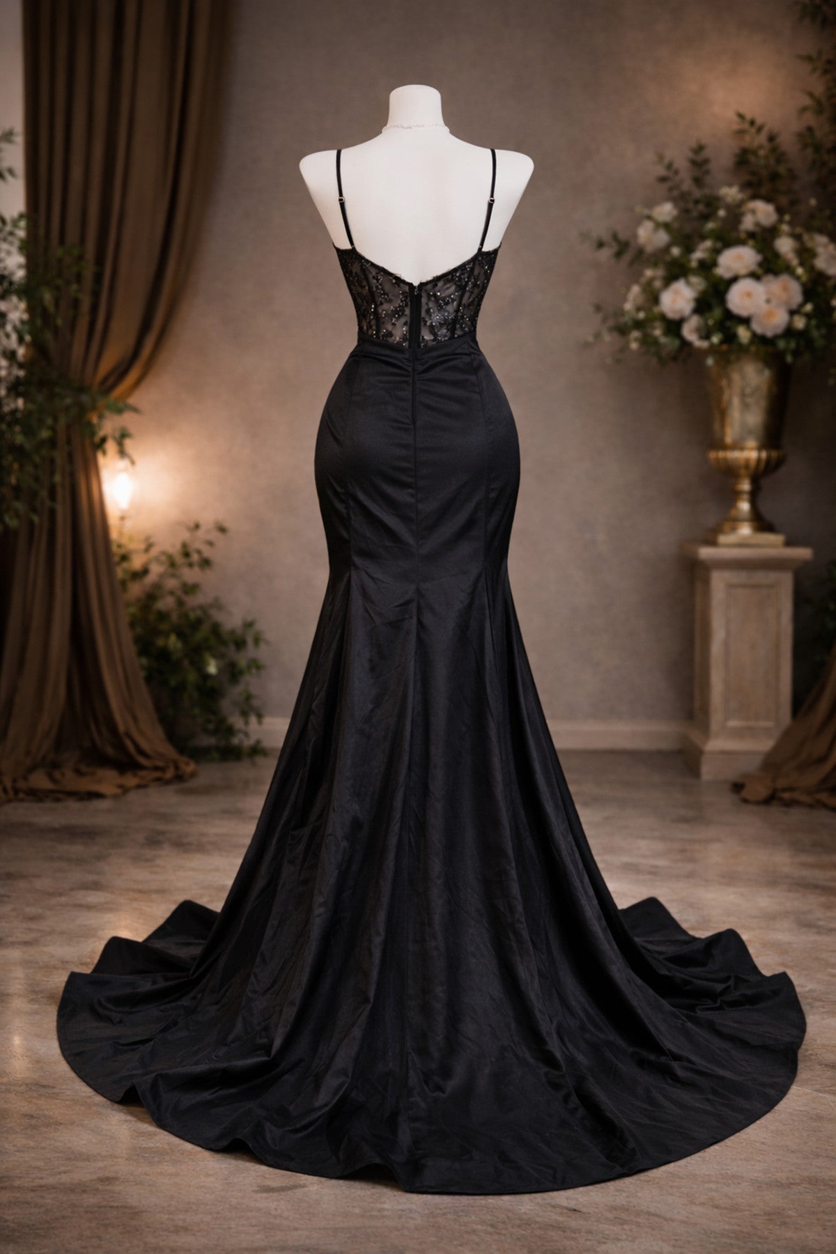 Black Sweetheart Straps Mermaid Satin Prom Dress, Black Lace Top Long Formal Dress