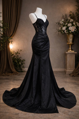 Black Sweetheart Straps Mermaid Satin Prom Dress, Black Lace Top Long Formal Dress