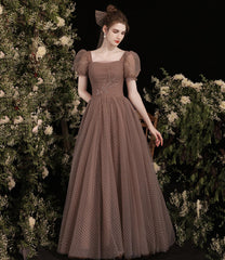 A-line Tulle Short Sleeves Floor Length Prom Dress, Brown Tulle Evening Dress