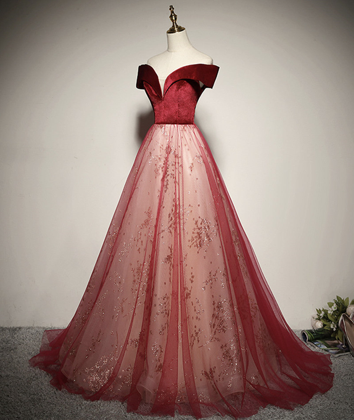 Wine Red A-line Off Shoulder Tulle with Velvet Prom Dress, Wine Red Tulle Formal Dress
