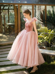 Pink Tulle and Velvet Tea Length Wedding Party Dress, Pink Formal Dress