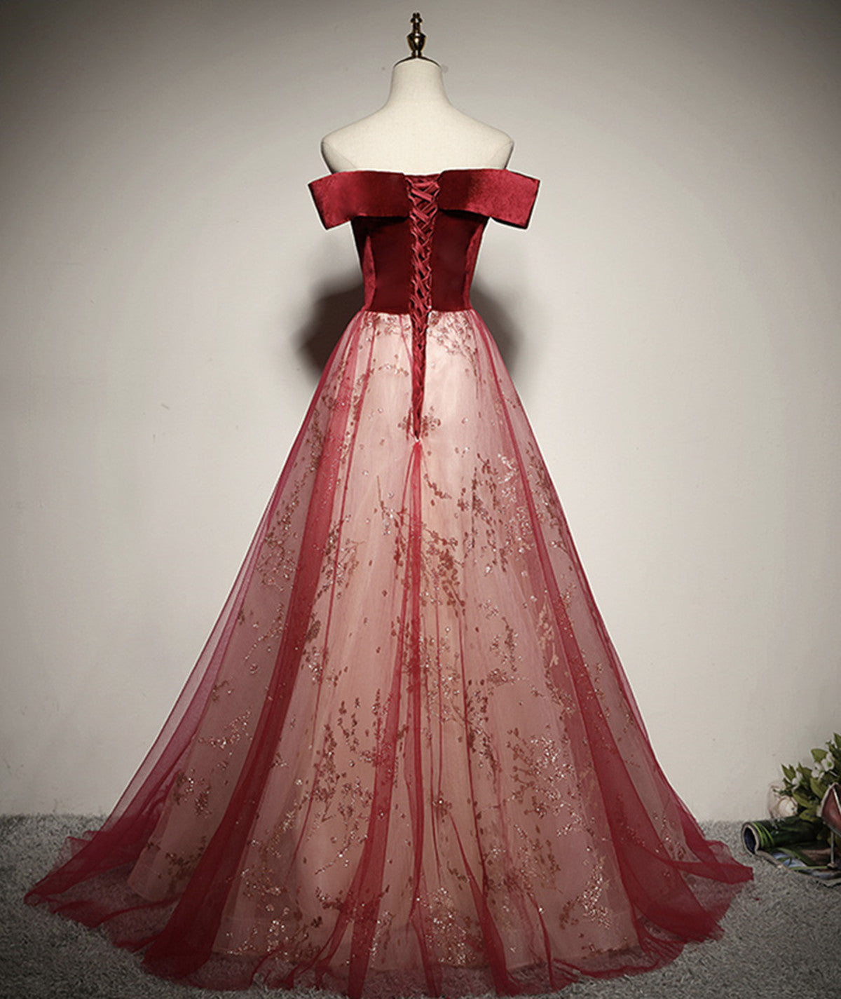 Wine Red A-line Off Shoulder Tulle with Velvet Prom Dress, Wine Red Tulle Formal Dress