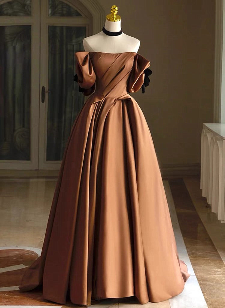 Brown Satin A-line Long Evening Dress, Brown Satin Off Shoulder Party