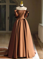 Brown Satin A-line Long Evening Dress, Brown Satin Off Shoulder Party Dress Prom Dress