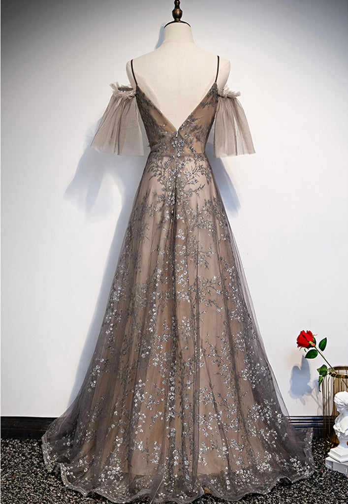 Champagne V-neckline Tulle with Lace Party Dress, A-line Tulle Evening Dress