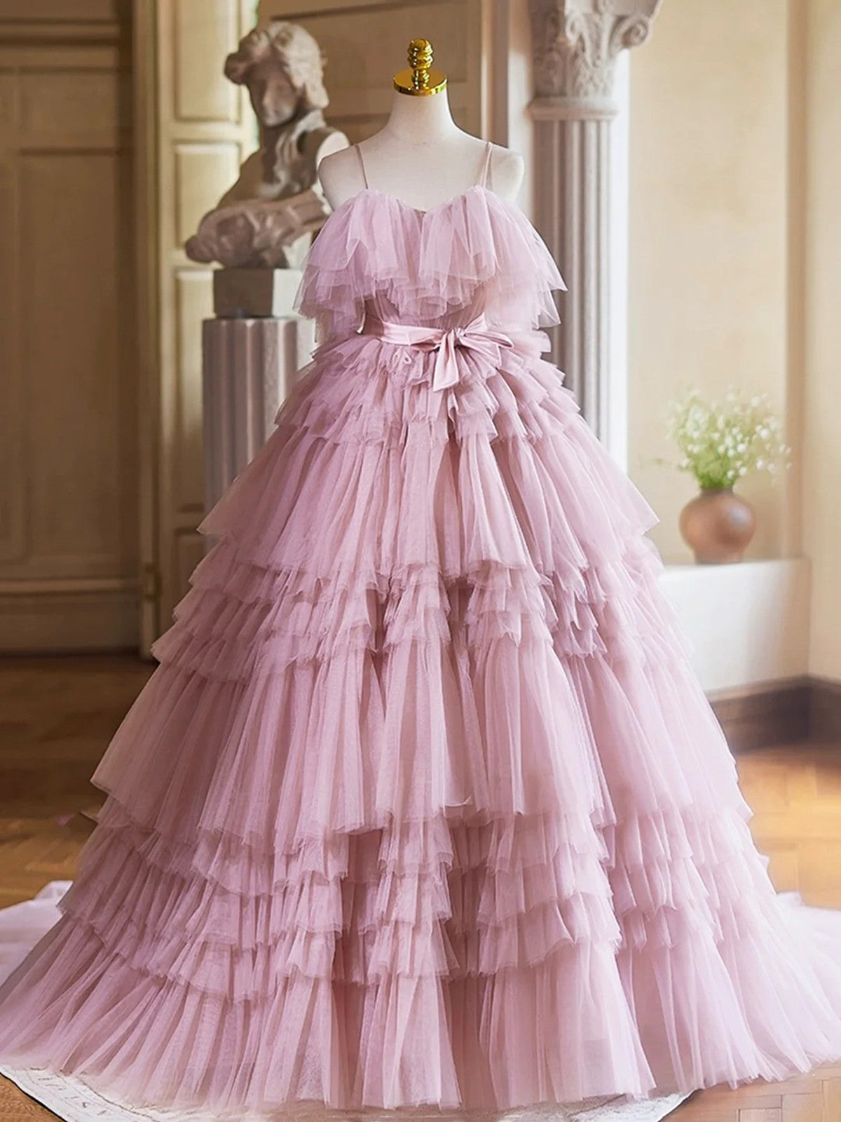 Pink Layered Tulle Ball Gown With Bow, Pink Tulle Evening Dress Formal Dress
