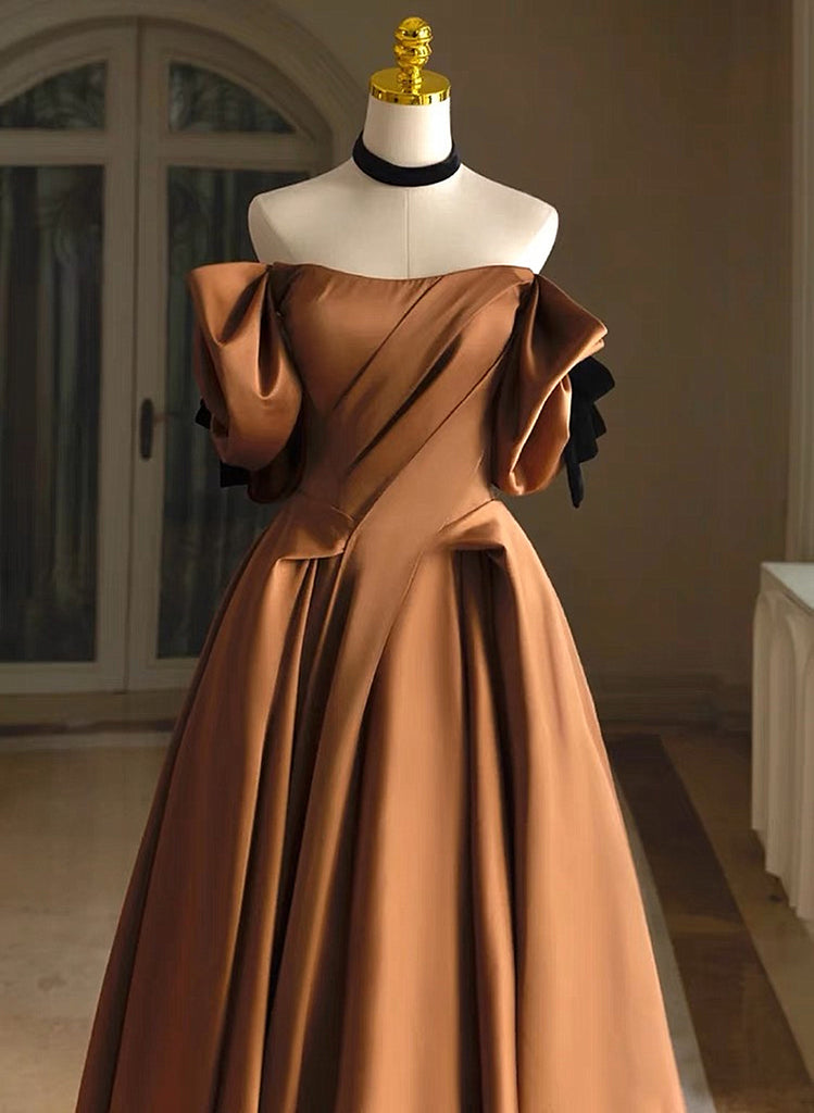 Brown Satin A-line Long Evening Dress, Brown Satin Off Shoulder Party