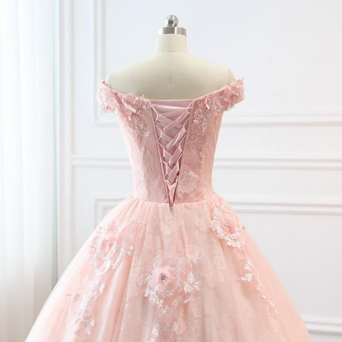 Pink Sweetheart Off Shoulder with Lace Long Sweet 16 Dress, Pink Formal Dress