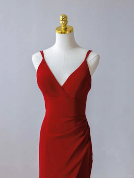 Red Mermaid V-neckline Straps Long Evening Dress, Red Formal Dress