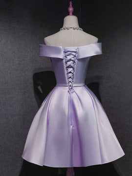 Purple Satin Sweetheart Off Shoulder Homecoming Dress, Purple Satin Short Prom Dress