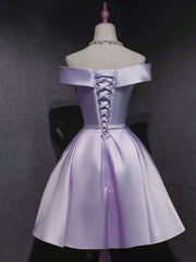 Purple Satin Sweetheart Off Shoulder Homecoming Dress, Purple Satin Short Prom Dress