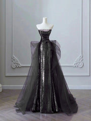Black Sequins and Tulle Beaded Long Party Dress, Black Sequins A-line Prom Dress