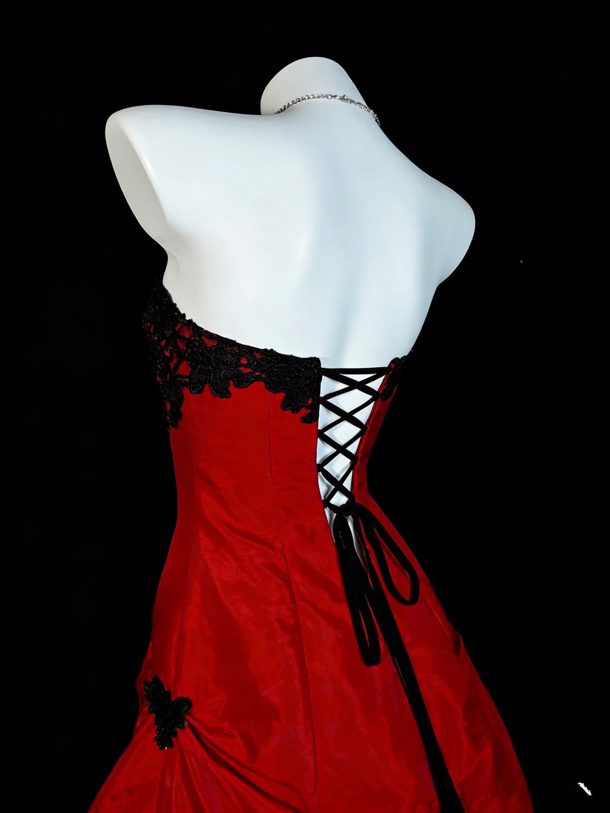 Red Taffeta with Black Lace Strapless Prom Dress, Red Long Party Dress Evening Dress