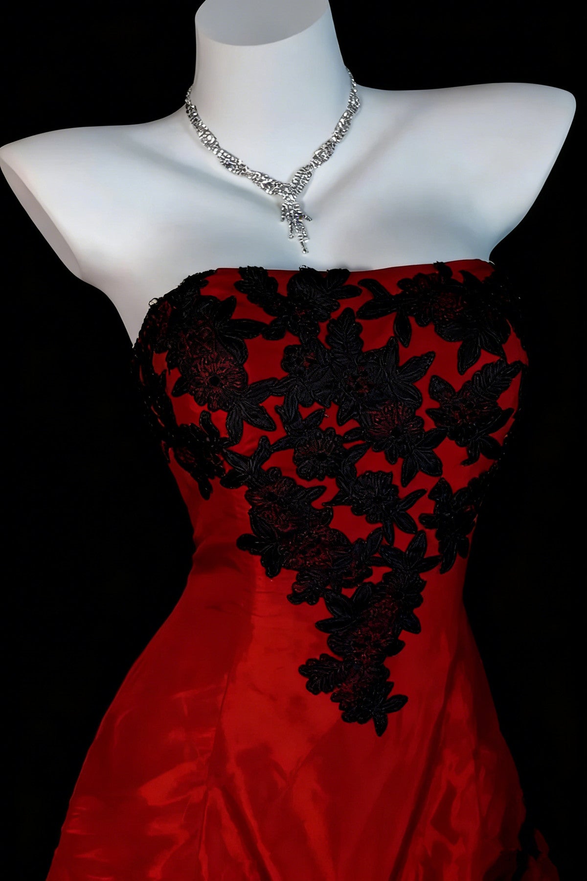Red Taffeta with Black Lace Strapless Prom Dress, Red Long Party Dress Evening Dress