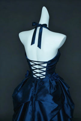 Navy Blue Taffeta Halter Ruffled Prom Dress, Navy Blue A-line Party Dress Evening Dress