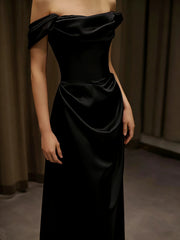 Black Satin Off Shoulder A-line Prom Dress, Black Long Evening Dress Party Dress